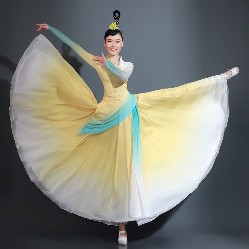 Women girls Yellow Chinese folk Classical dance costumes,fairy princess dance hanfu ancient umbrella dance dresses Han and Tang ancient dance costumes